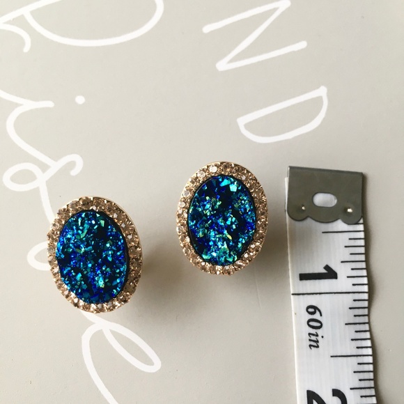Oval Blue Druzy Cubic Zirconia Round Gold Earrings - Picture 6 of 8